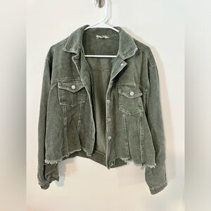 Altar’d State Green Cropped Corduroy Jacket with Distressed Hem Size Small EUC